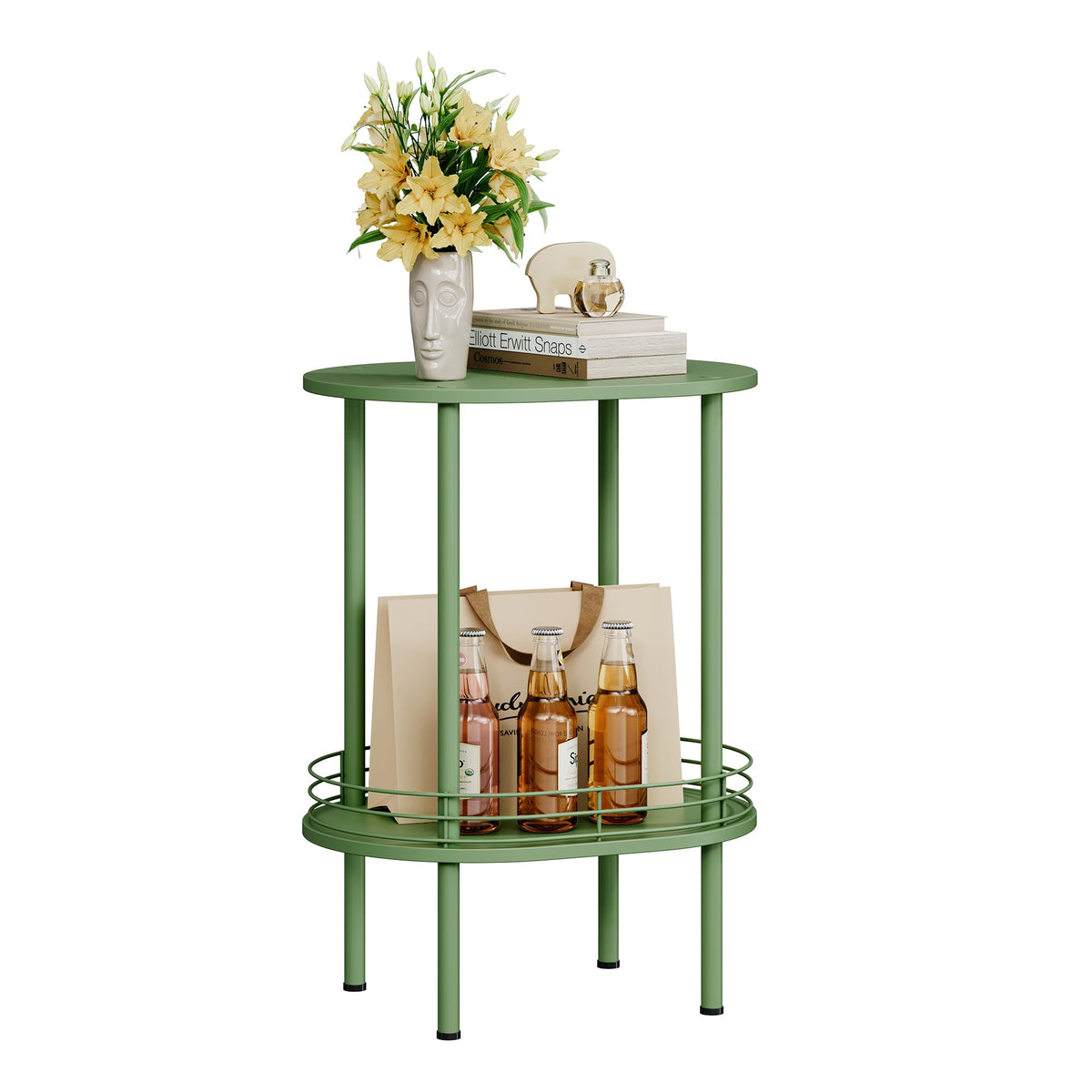 Oval Side Table with Storage, 2-Tier Green End Table C165
