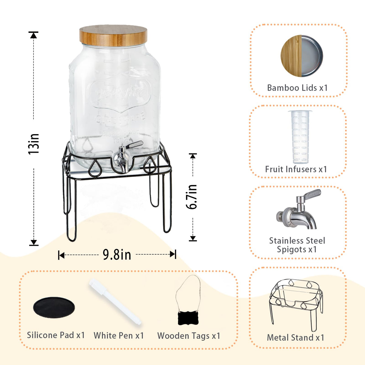 2 Gallon Glass Drink Dispenser with Stand and Bamboo Lid D1200