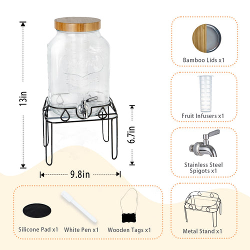 2 Gallon Glass Drink Dispenser with Stand and Bamboo Lid D1200