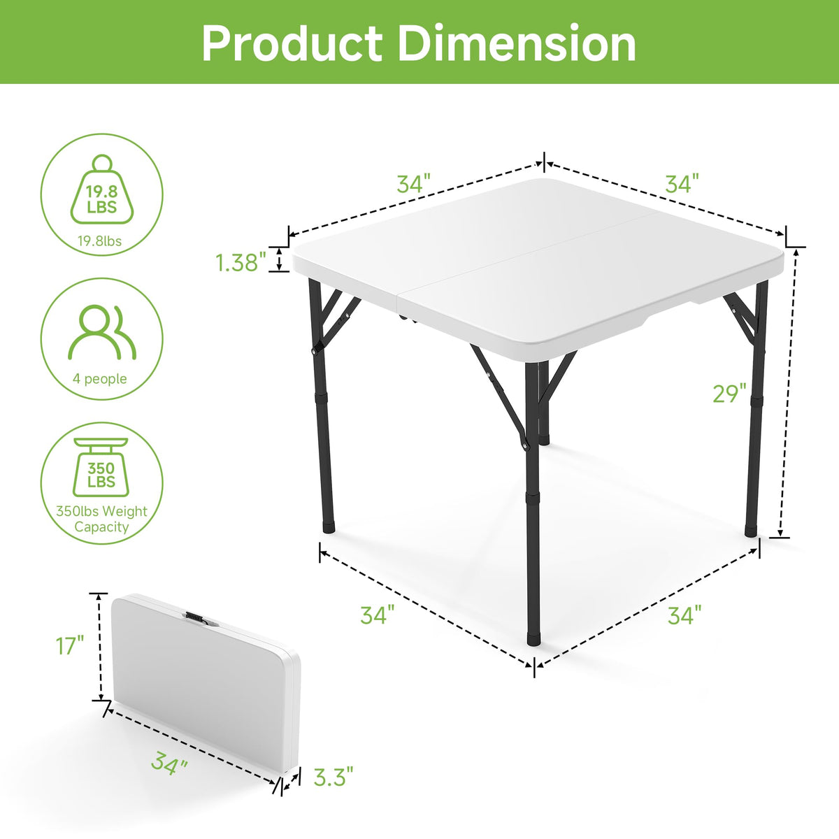 34" Square Folding Table with Handle and Removable Legs, White M340