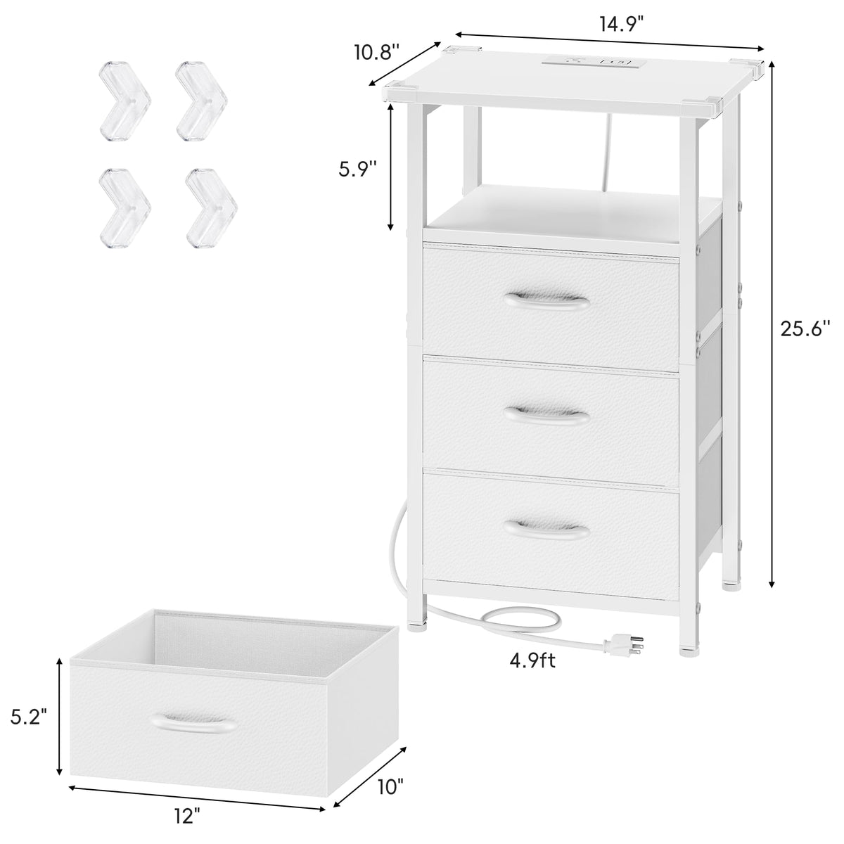 White Nightstand with Charging Station and 3 Fabric Drawers L38786