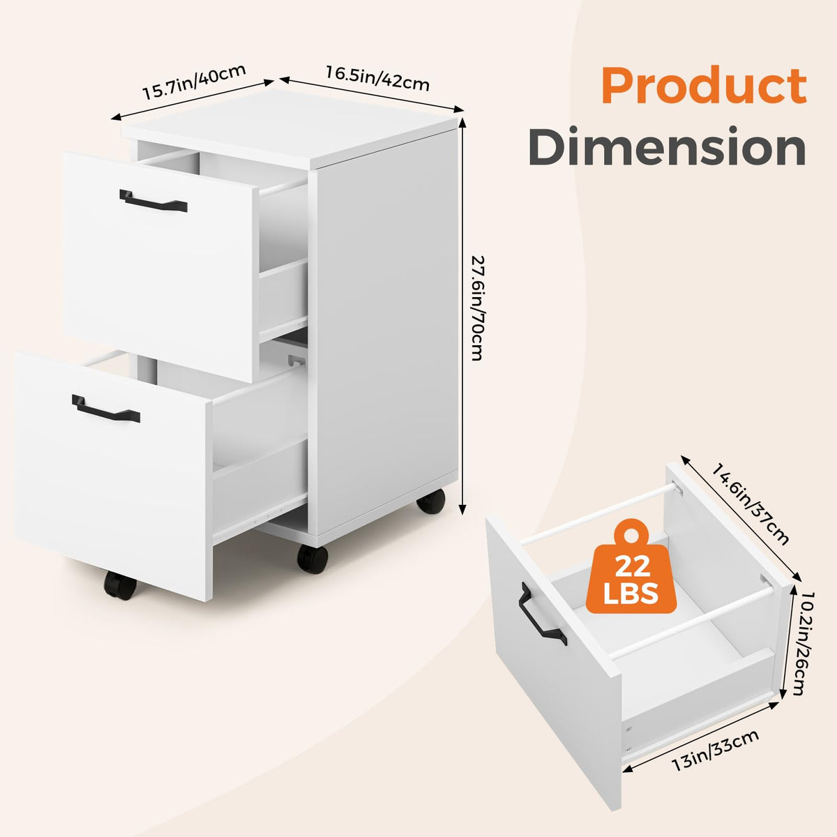 White 2 Drawer Rolling Wood File Cabinet Y983784