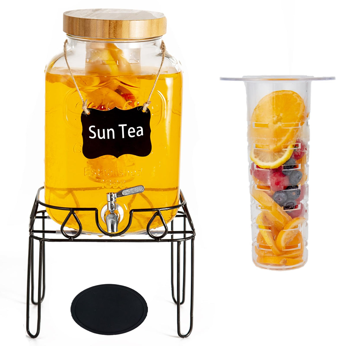 2 Gallon Glass Drink Dispenser with Stand and Bamboo Lid D1200