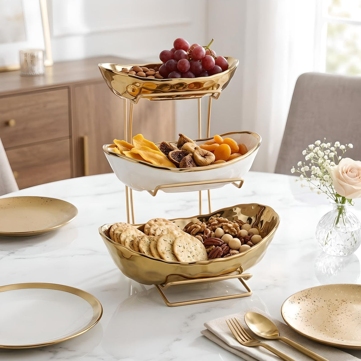 3 Tier White Gold Ceramic Fruit Bowl W85851