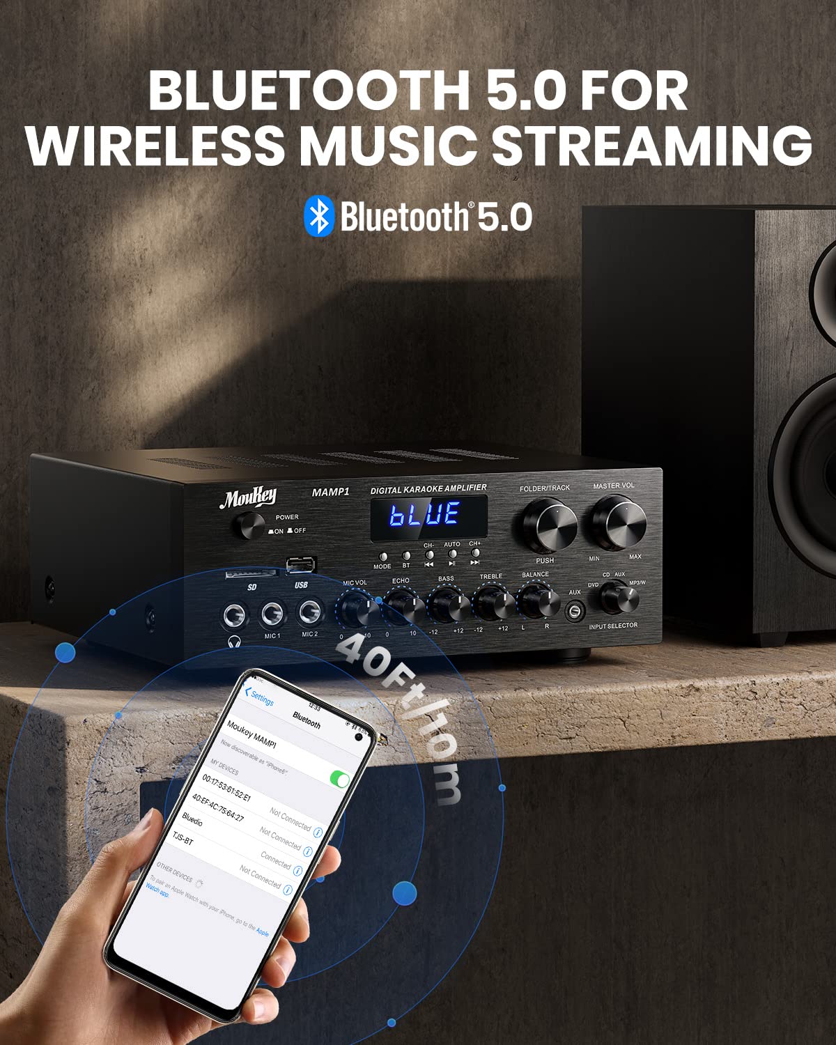 Bluetooth Stereo Receiver Amplifier with USB SD AUX RCA MIC, 400W Peak I869366