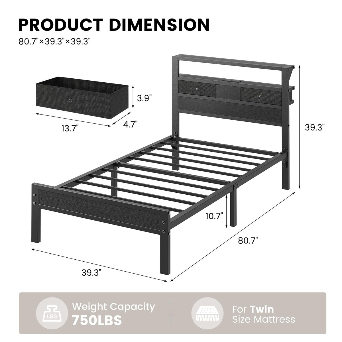 Twin Size Bed Frame with Storage Headboard and 2 Drawers I257410