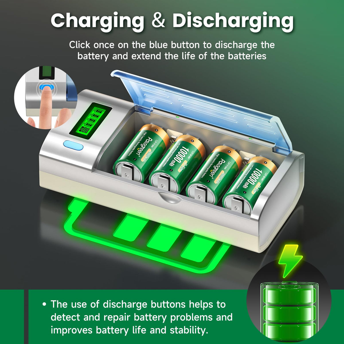 10000mAh Rechargeable D Batteries 6 Counts and Universal Battery Charger O80392