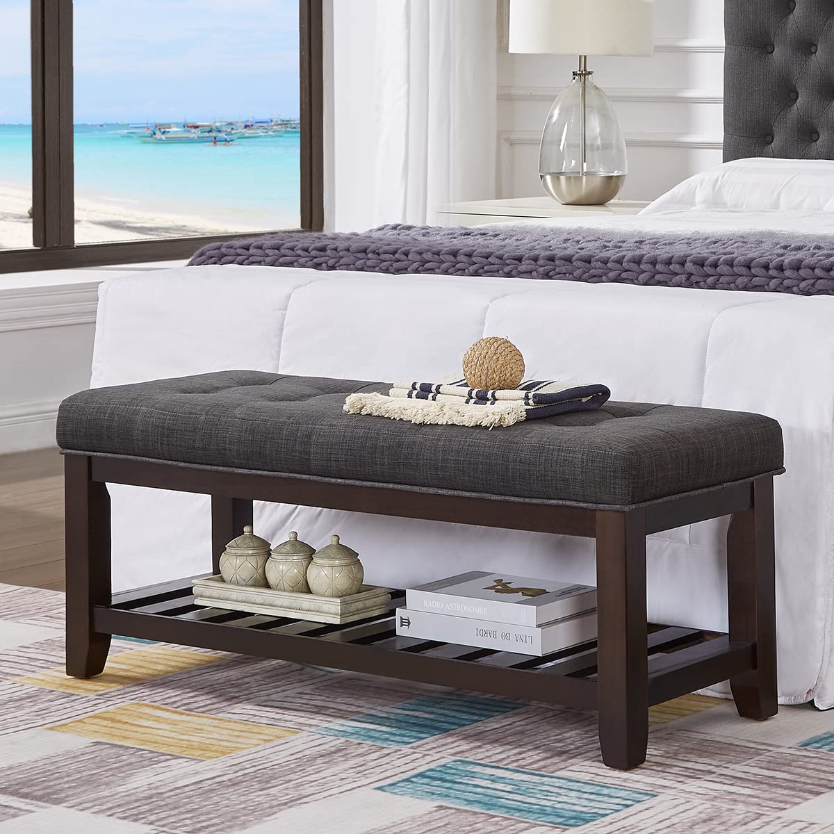 Large Rectangular Upholstered Tufted Linen Ottoman Bench O935