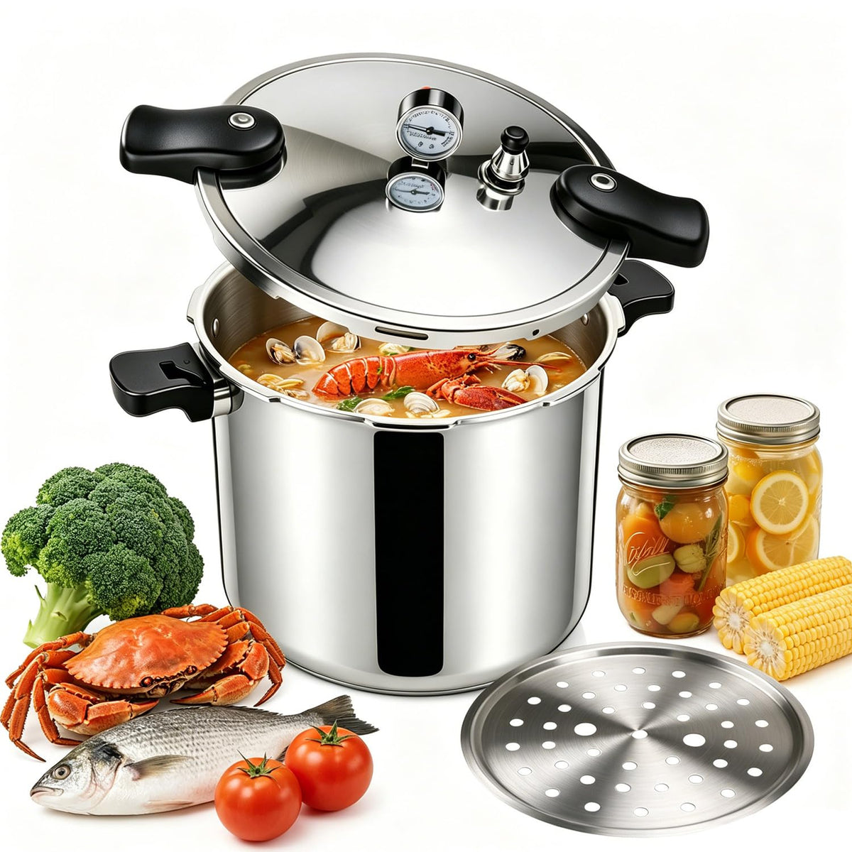23-24QT Aluminum Pressure Cooker with Pressure Gauge R44070