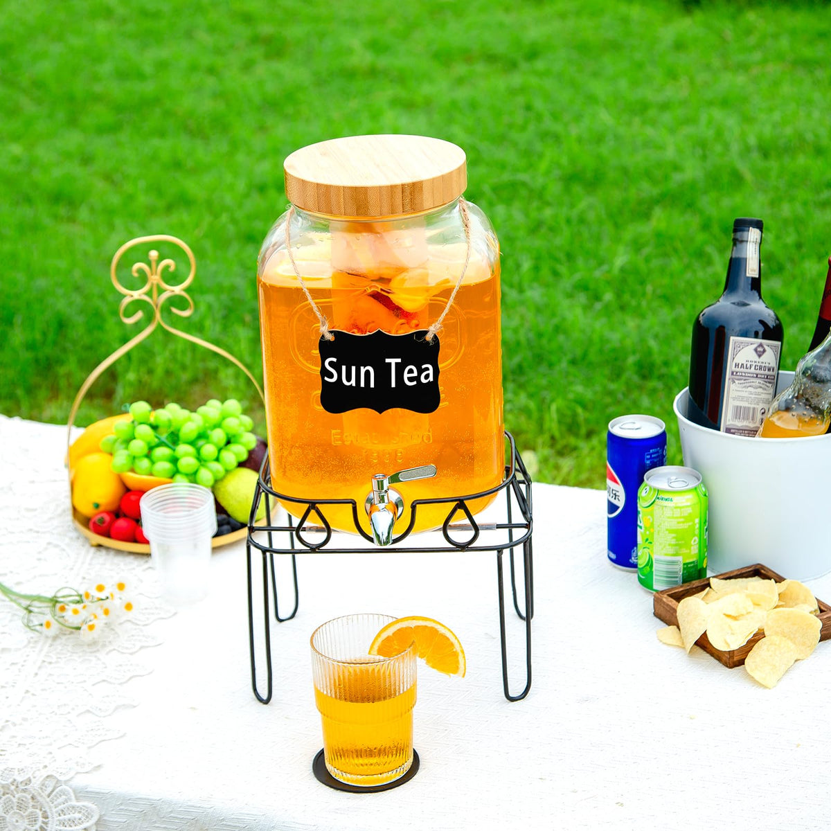 2 Gallon Glass Drink Dispenser with Stand and Bamboo Lid D1200