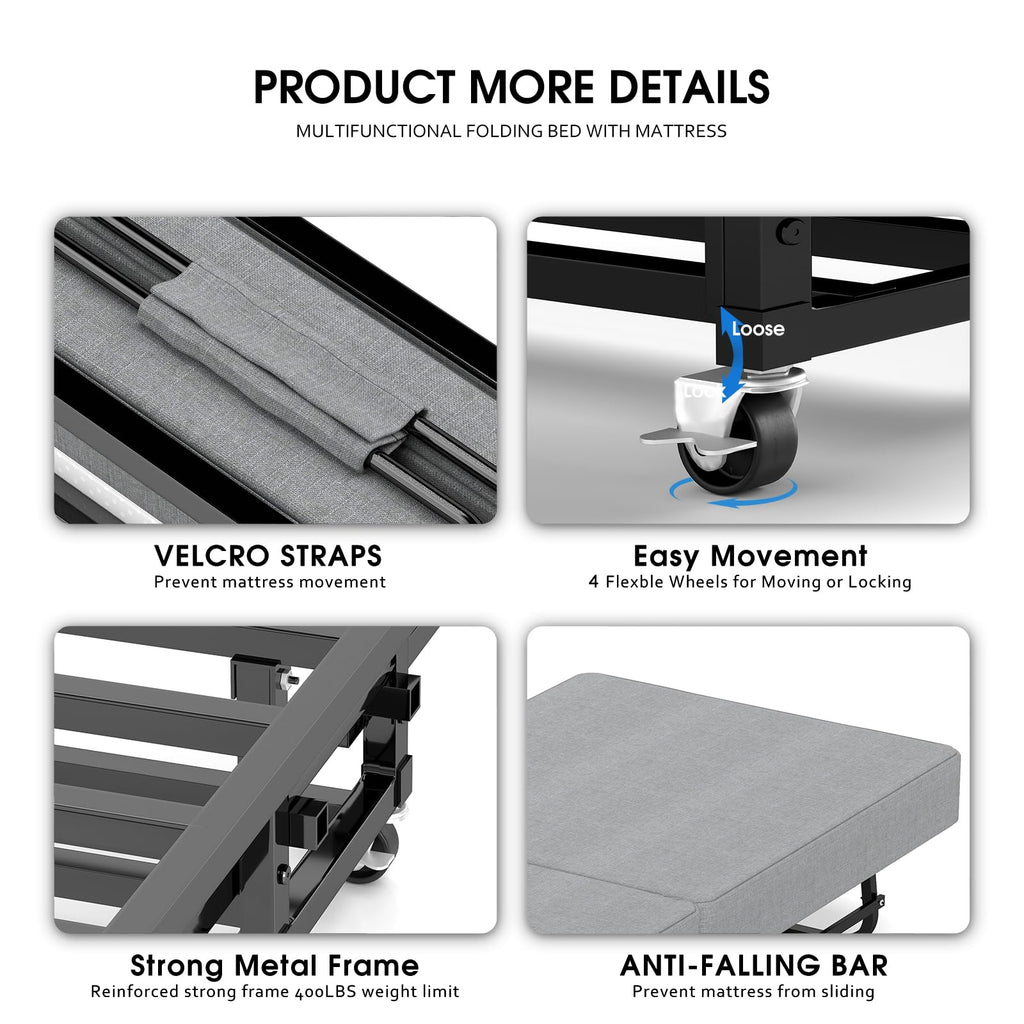 Folding Bed with Mattress, Memory Foam and Metal Frame, 75" x 31" N361