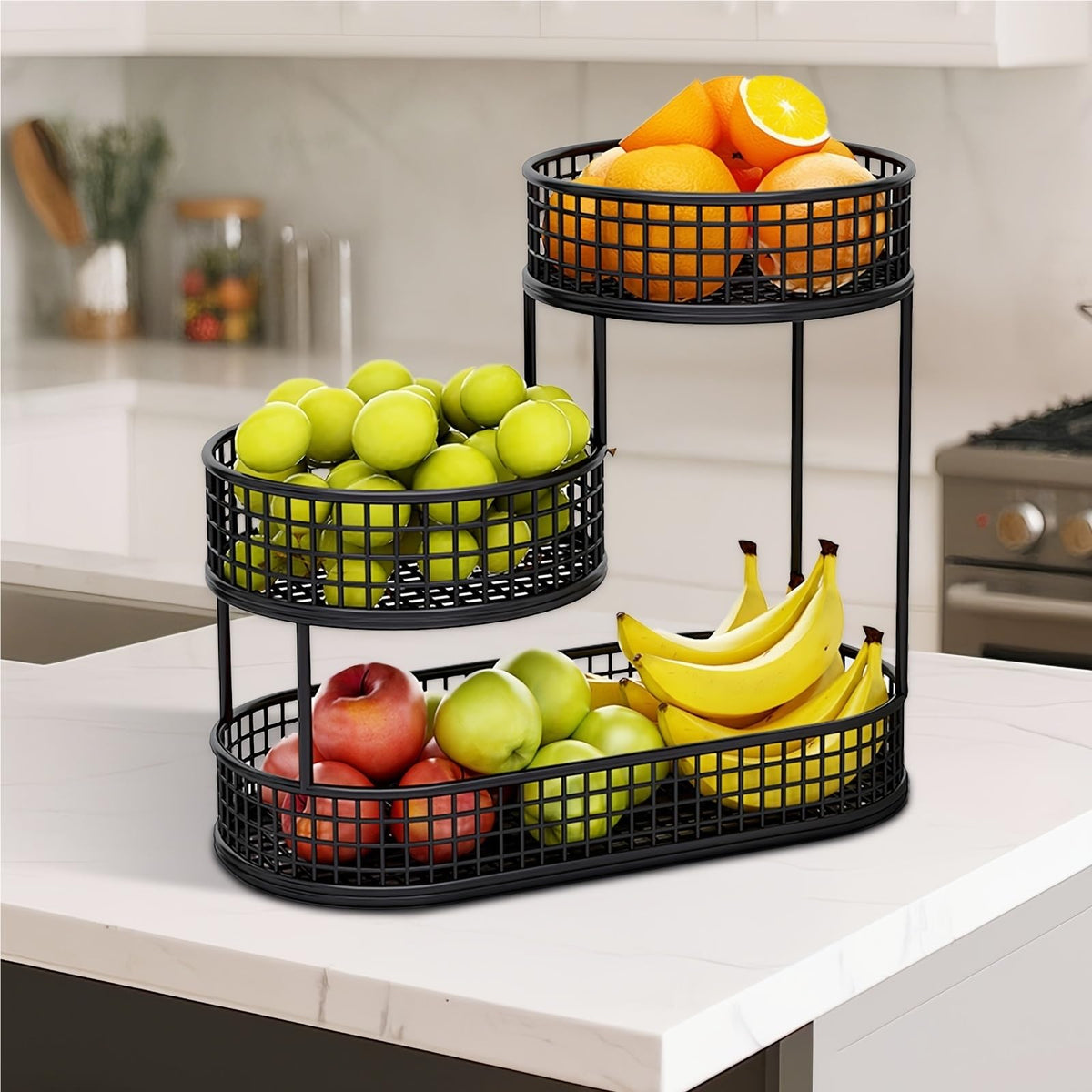 3-Tier Black Metal Fruit Basket with Cover F791078