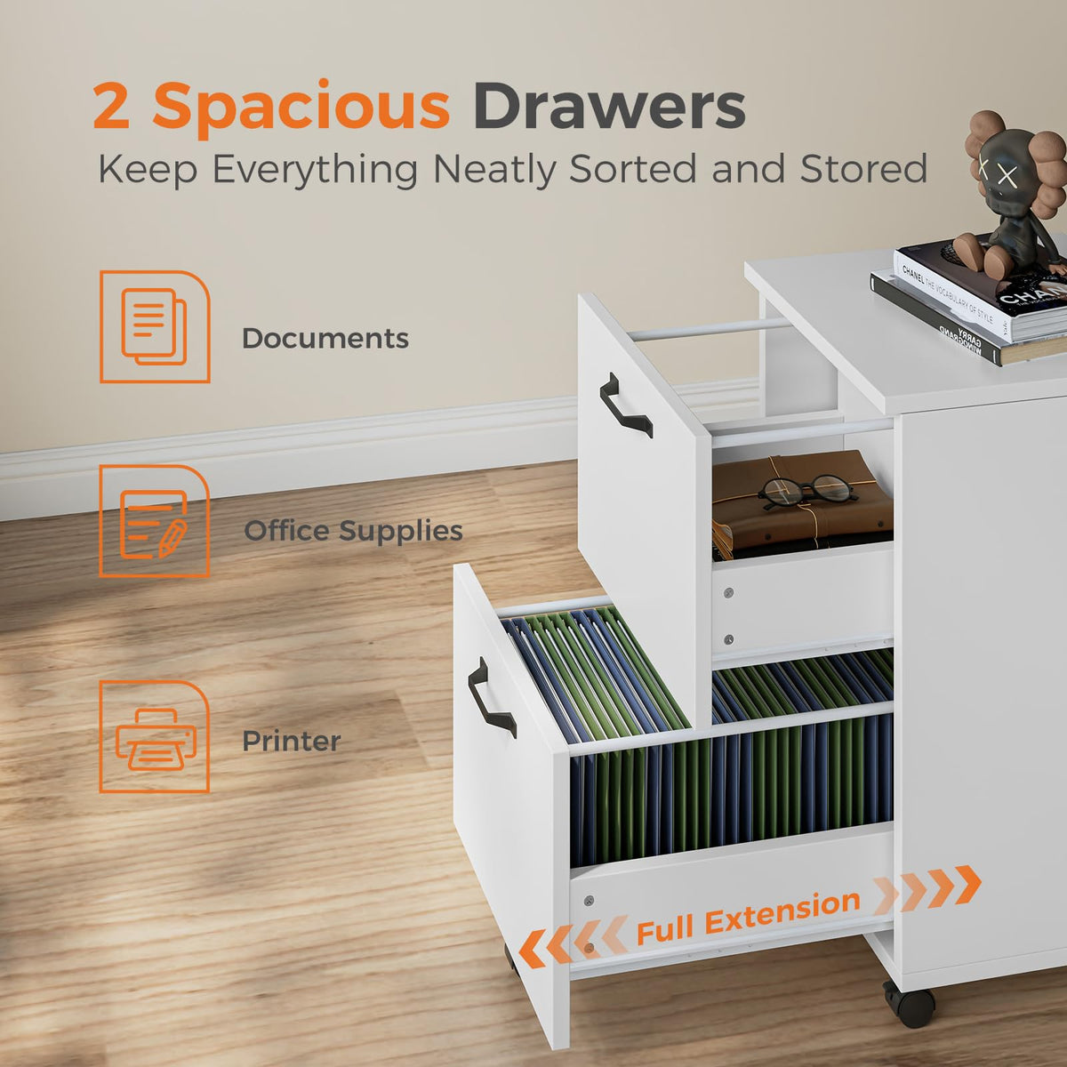 White 2 Drawer Rolling Wood File Cabinet Y983784