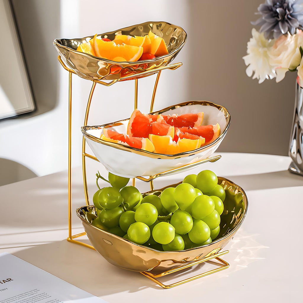 3 Tier White Gold Ceramic Fruit Bowl W85851