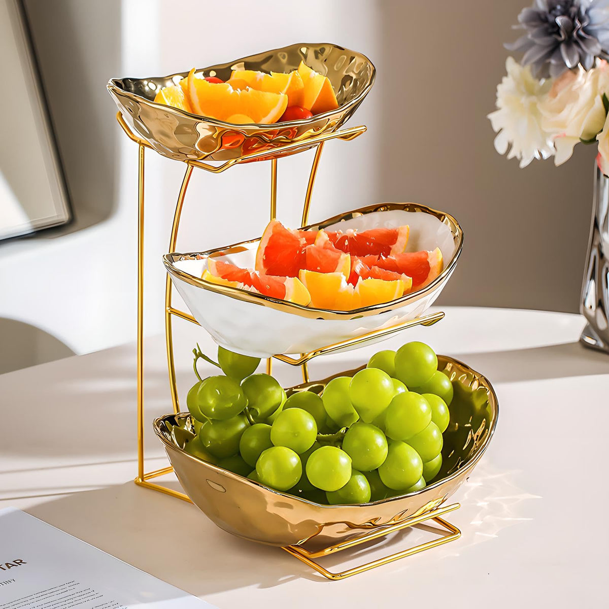 3 Tier White Gold Ceramic Fruit Bowl W85851
