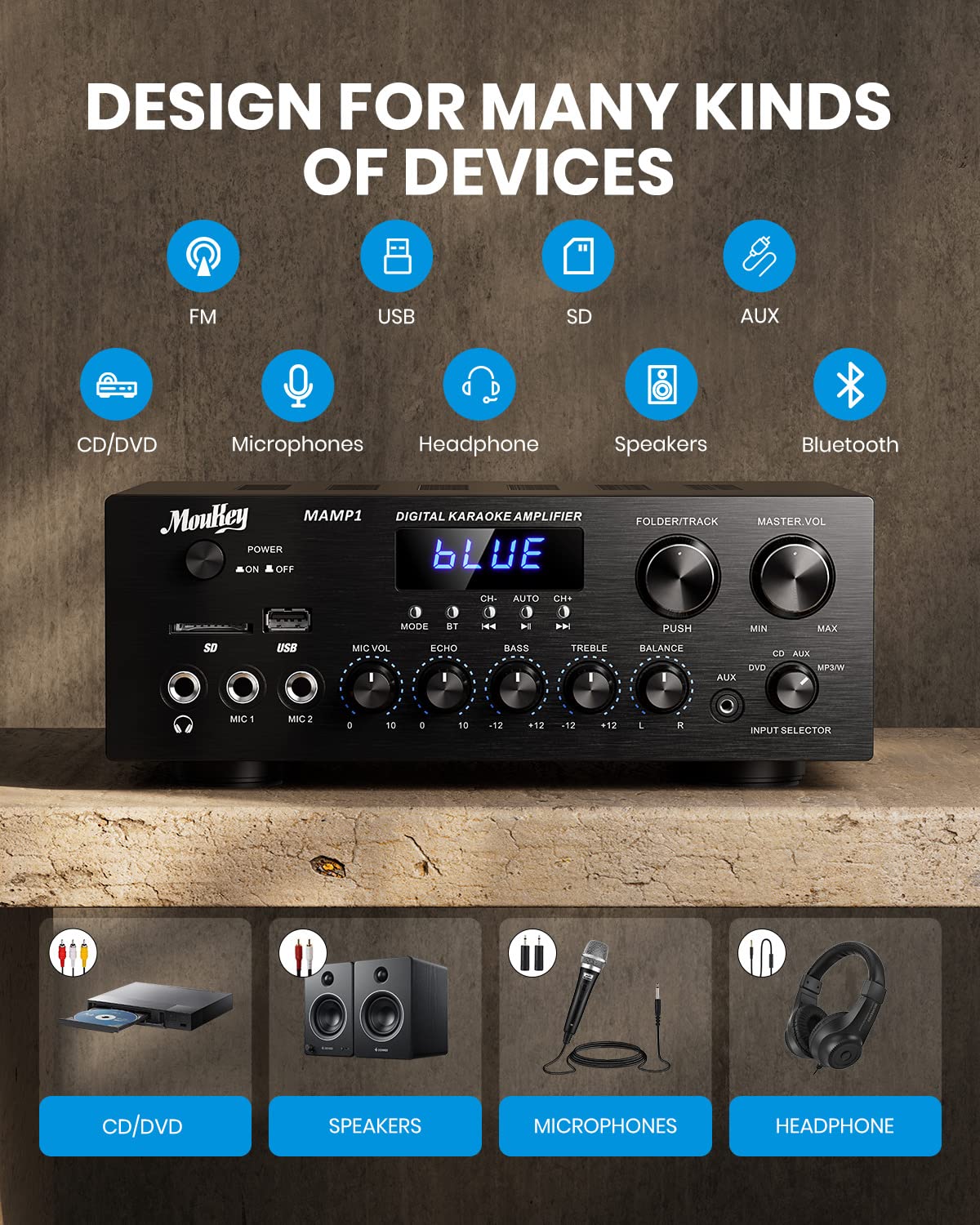 Bluetooth Stereo Receiver Amplifier with USB SD AUX RCA MIC, 400W Peak I869366