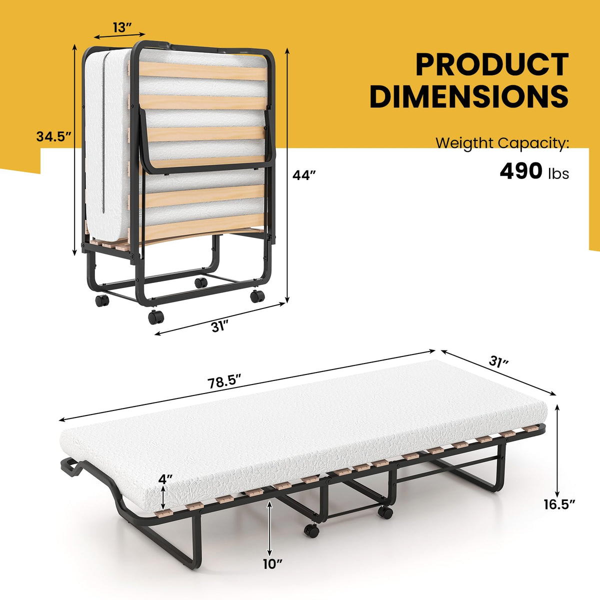78.5” x 31” Folding Bed with 5” Memory Foam Mattress V6759