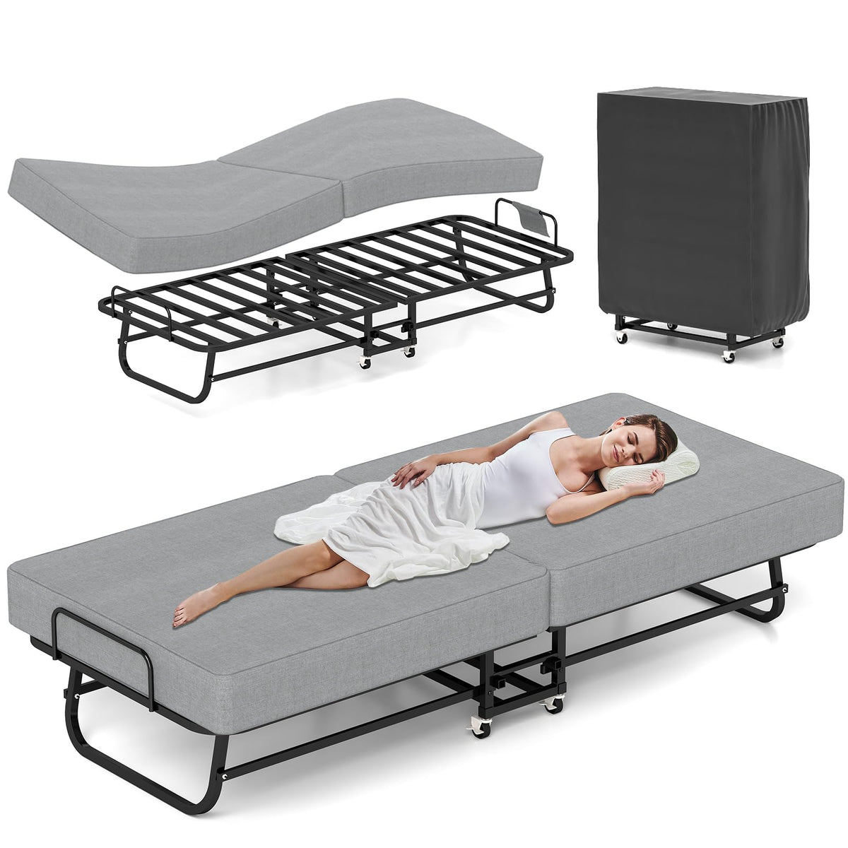 Folding Bed with Mattress, Memory Foam and Metal Frame, 75" x 31" N361