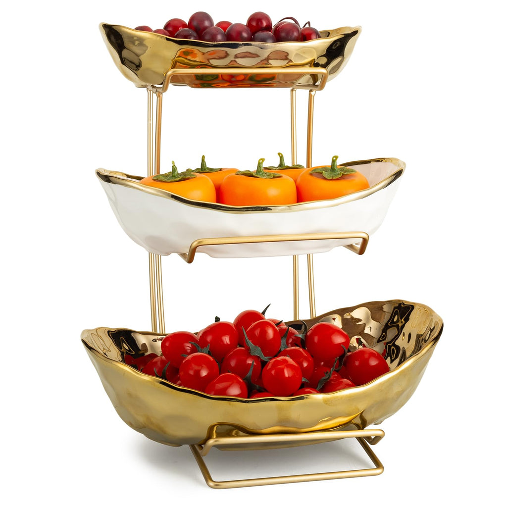3 Tier White Gold Ceramic Fruit Bowl W85851