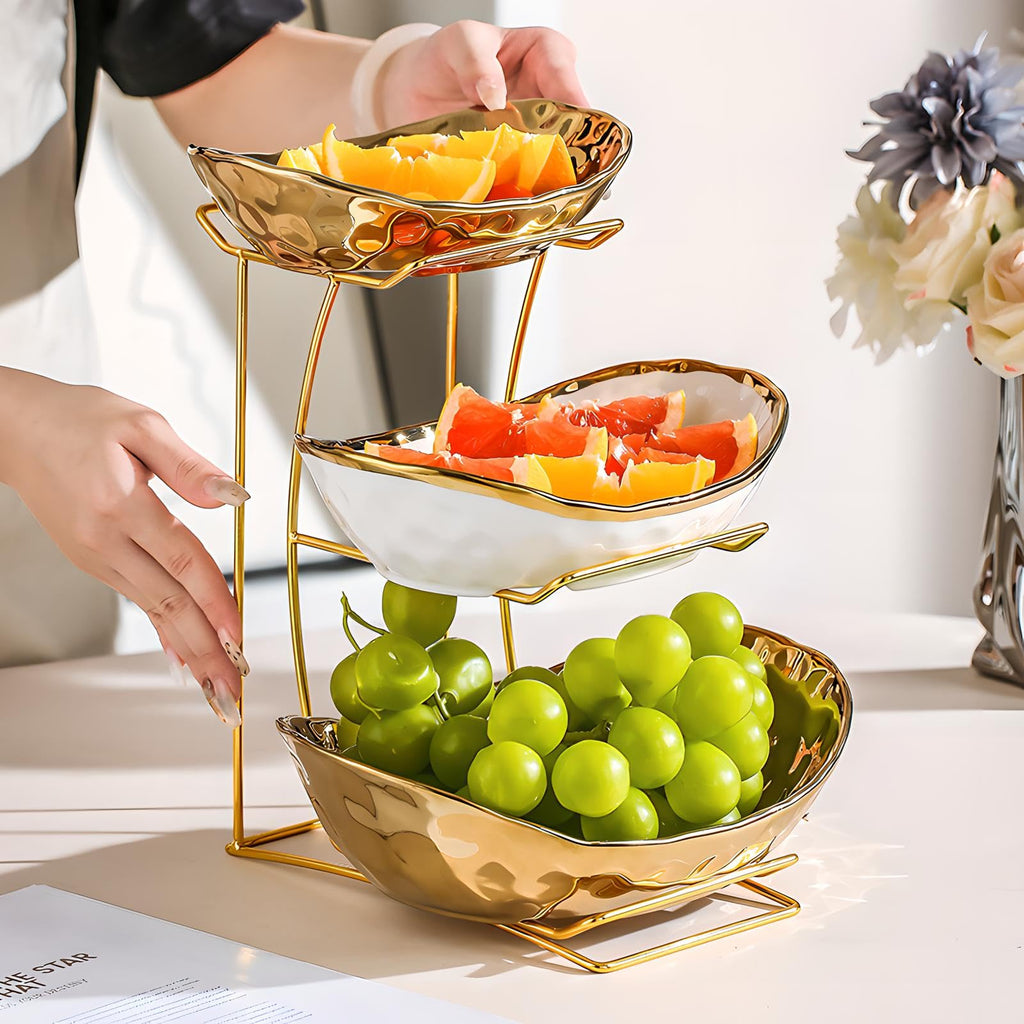 3 Tier White Gold Ceramic Fruit Bowl W85851