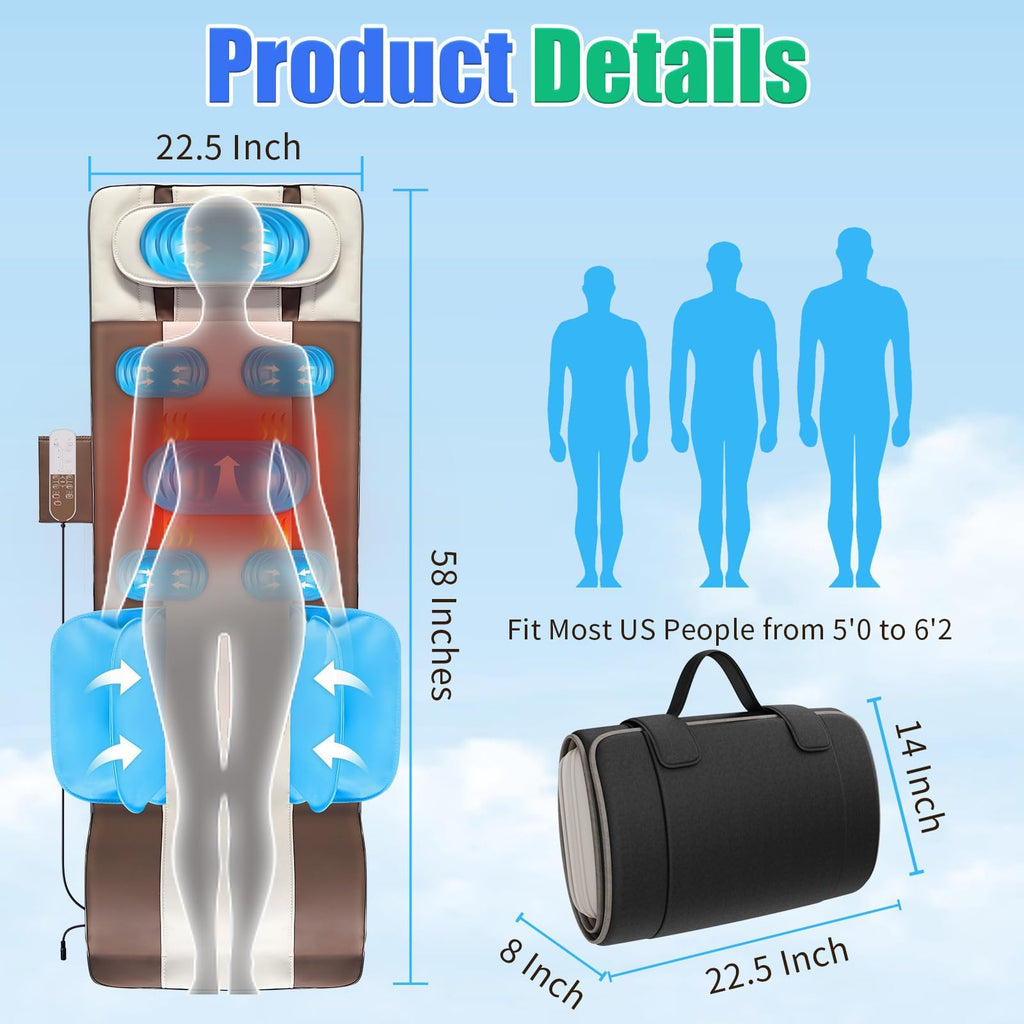 Full Body Massage Mat with Airbags Stretching & Heating, 3D Lumbar Traction, 4 Modes 3 Intensities 3 Heat Levels, PU Leather, Foldable A31259
