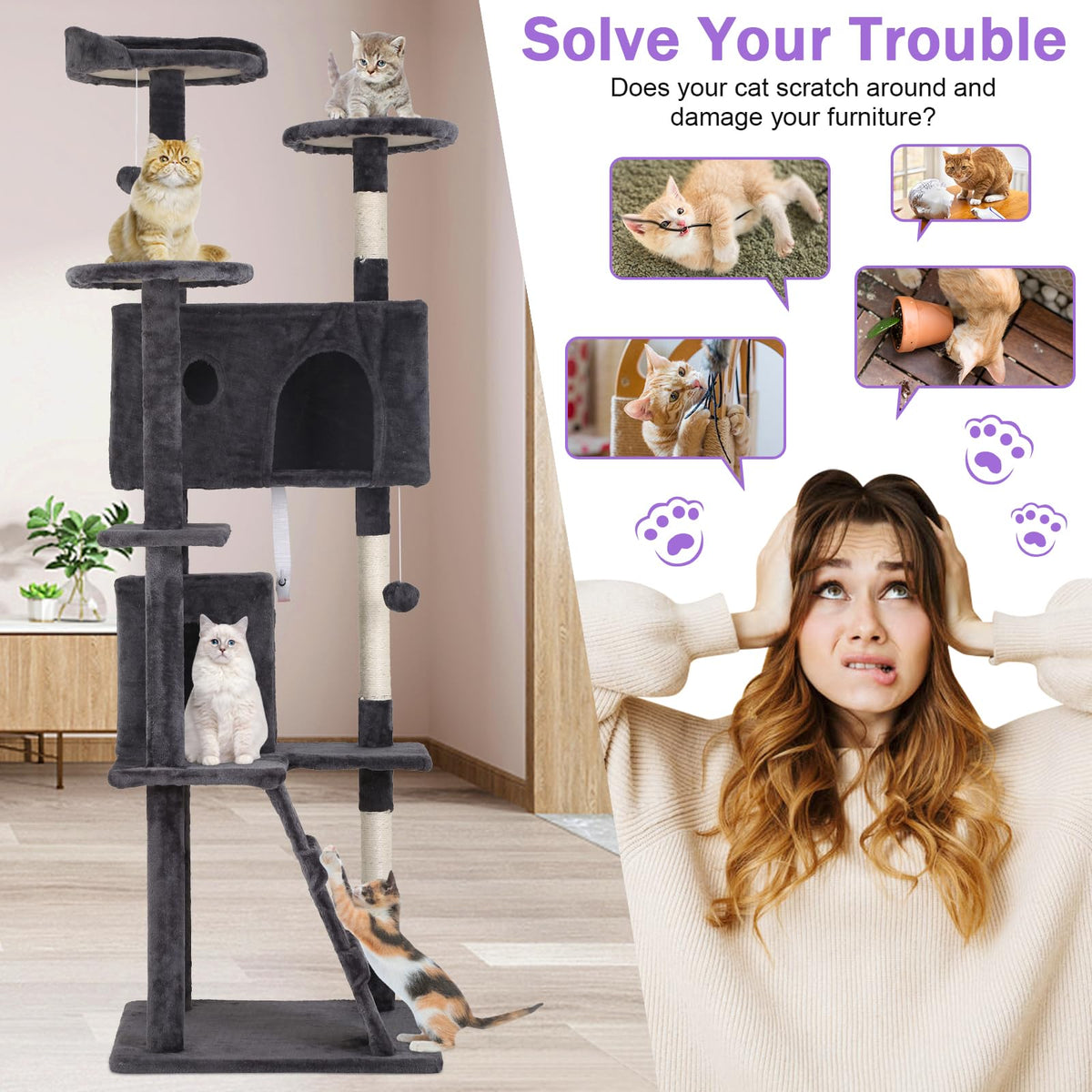 70 Inch Tall Dark Grey Cat Tree Cat Climbing Tower C1039