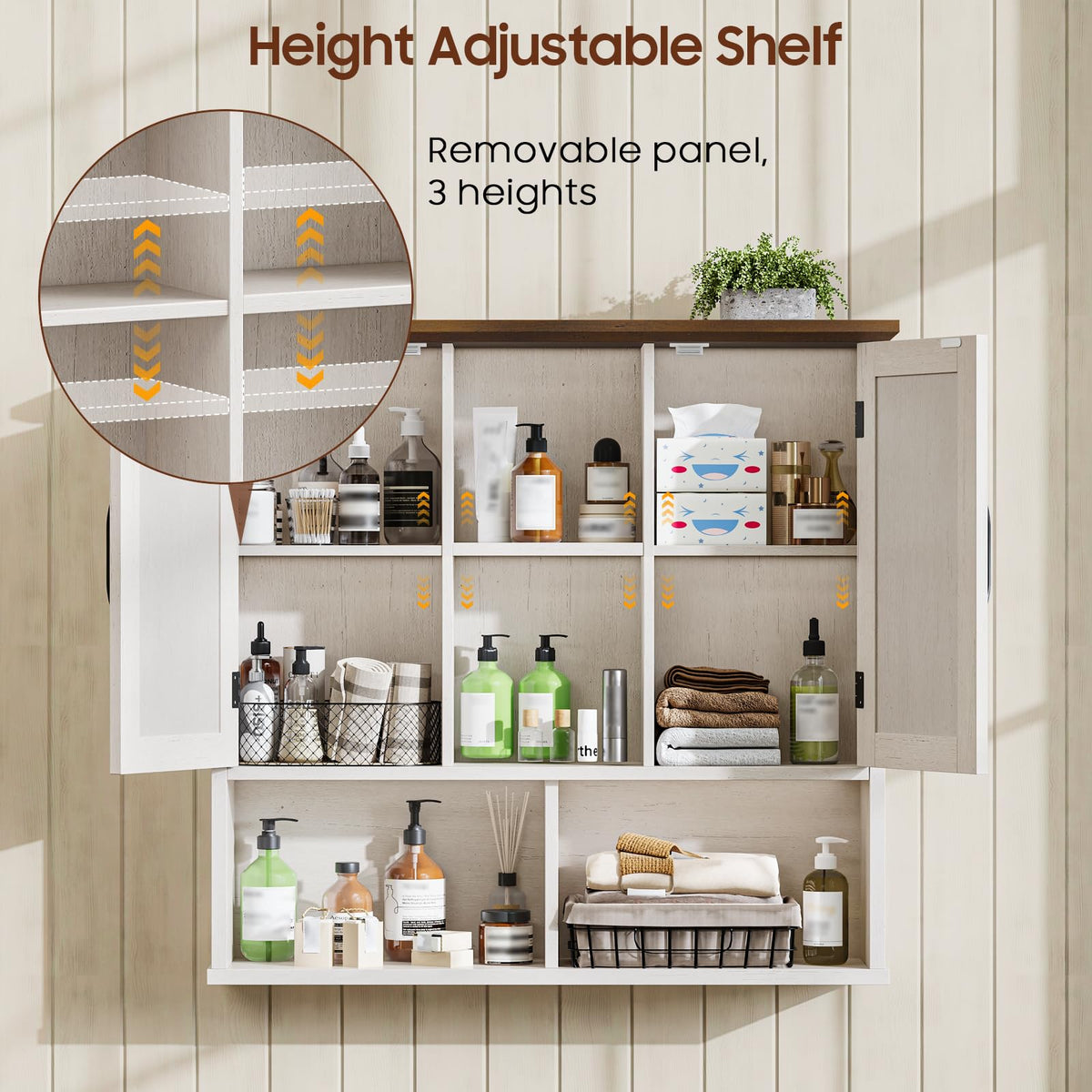Rustic White Wooden Wall Cabinet with Adjustable Shelves V675