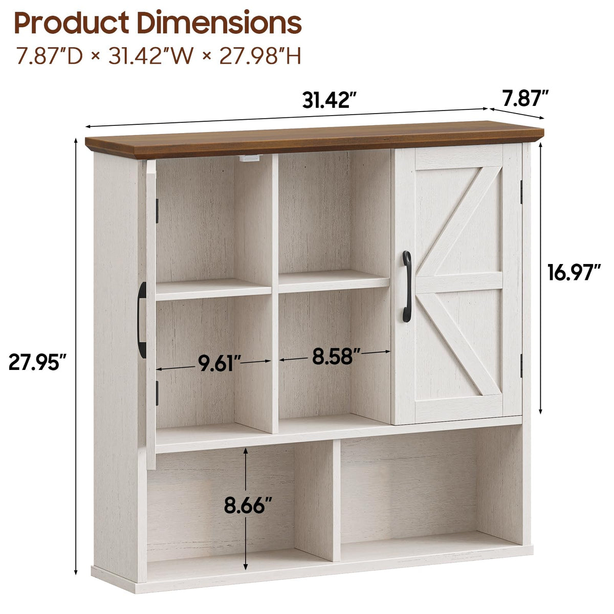 Rustic White Wooden Wall Cabinet with Adjustable Shelves V675
