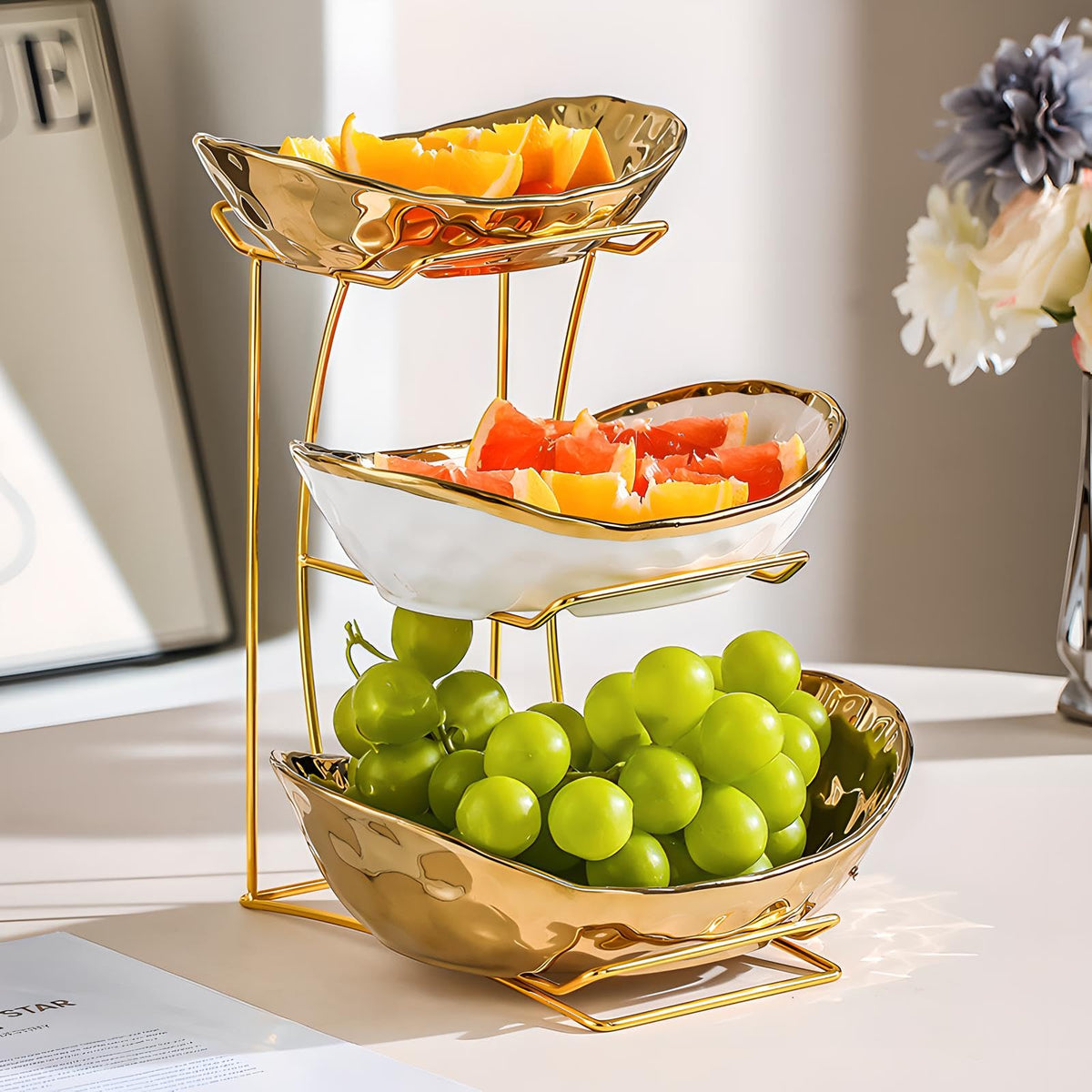 3 Tier White Gold Ceramic Fruit Bowl W85851