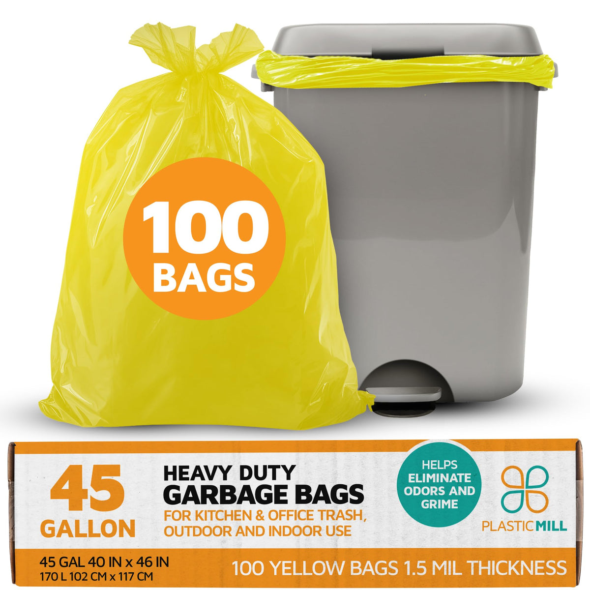 Yellow 40-45 Gallon Heavy Duty Trash Bags, 1.5 Mil, 100-Count K395779