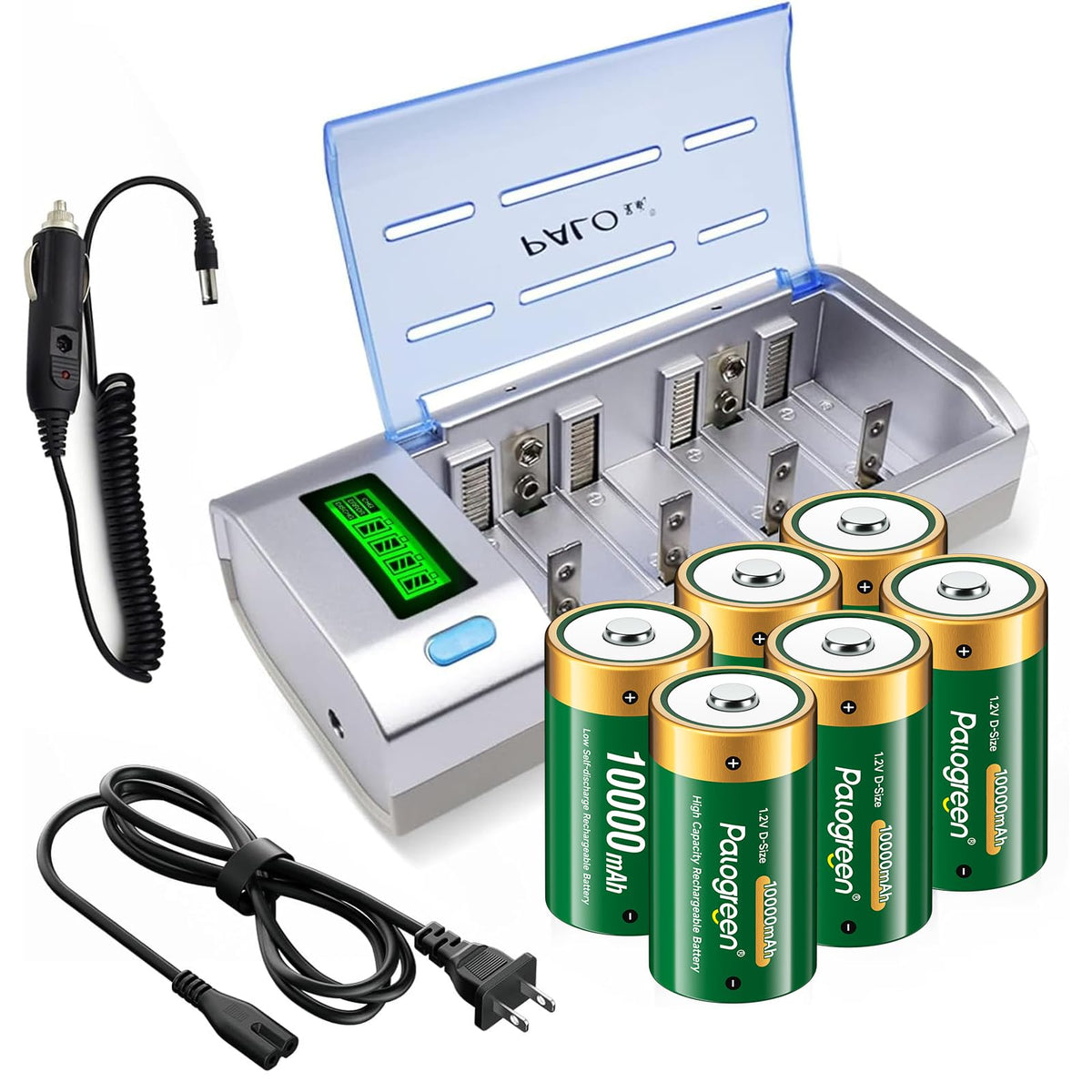 10000mAh Rechargeable D Batteries 6 Counts and Universal Battery Charger O80392