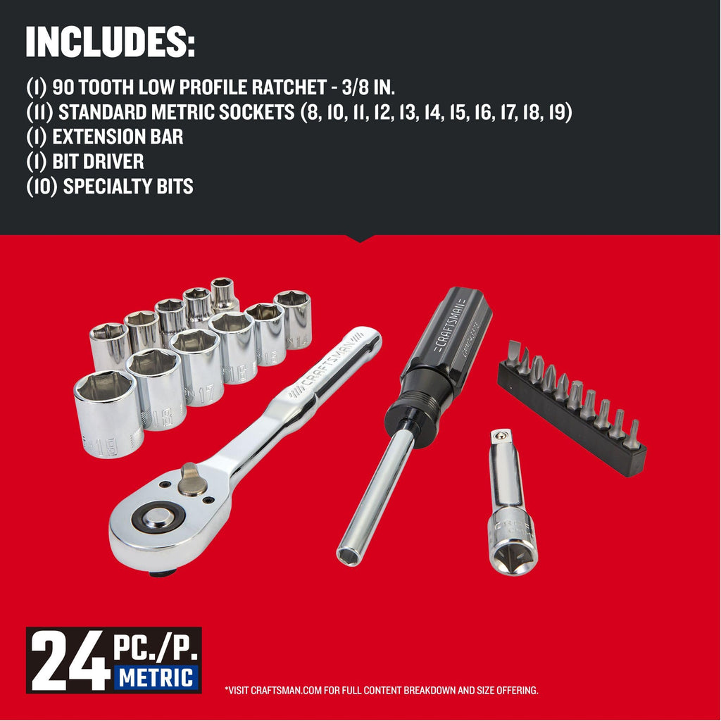 24 Piece 3/8 Inch Drive Metric Mechanics Tool Set J6830