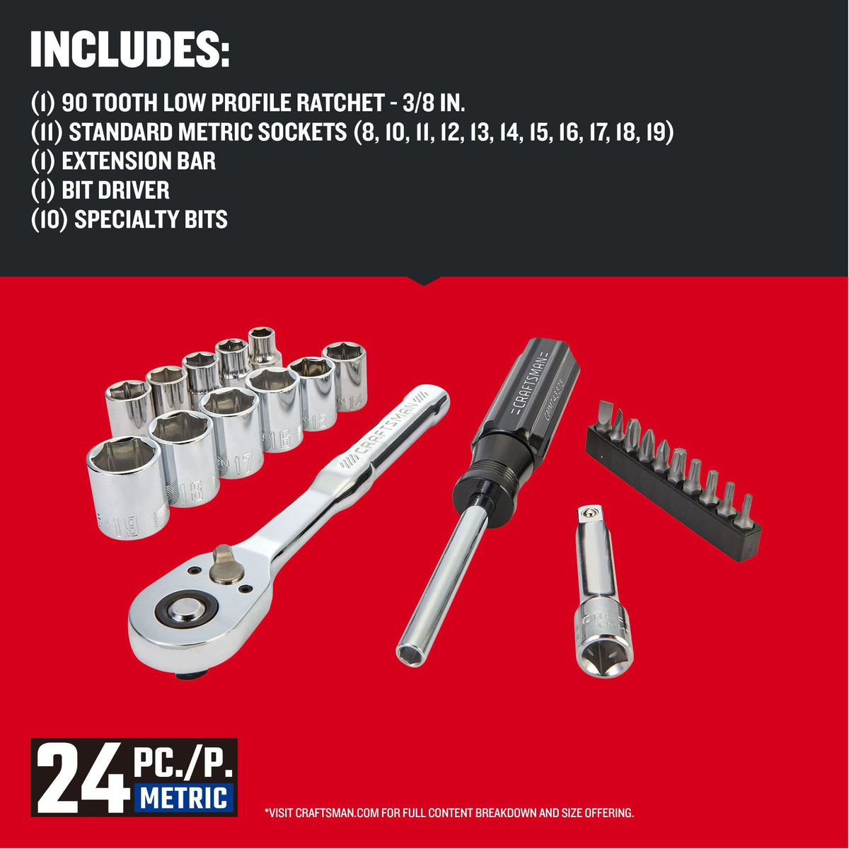 24 Piece 3/8 Inch Drive Metric Mechanics Tool Set J6830