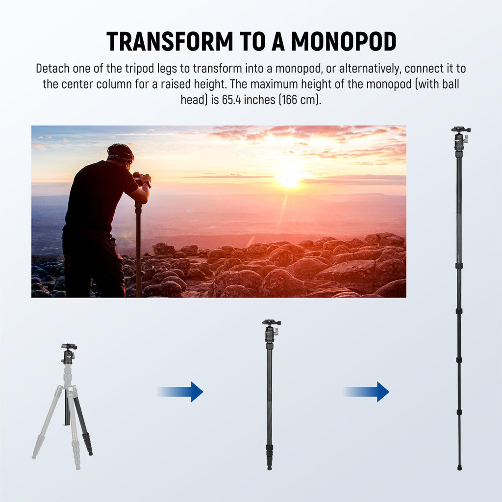 Carbon Fiber Camera Tripod Monopod 65" Lightweight Compact Travel DSLR Video Stand 360° Ball Head 13.2 lbs B255562