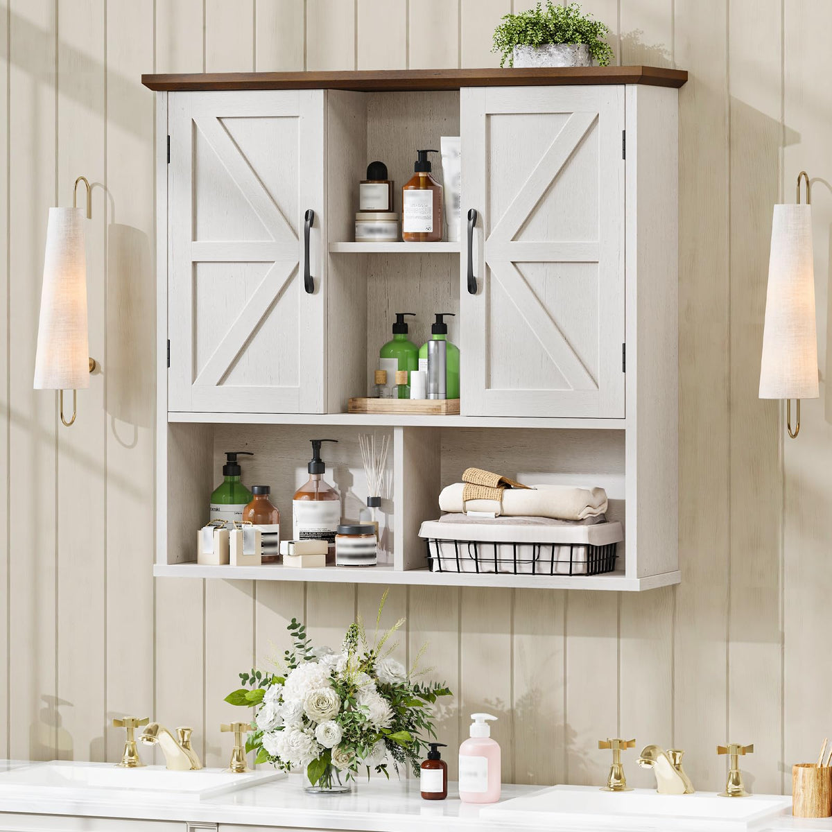 Rustic White Wooden Wall Cabinet with Adjustable Shelves V675