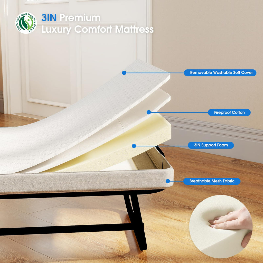 Folding Bed with Mattress, Memory Foam and Metal Frame, 75" x 31" N361
