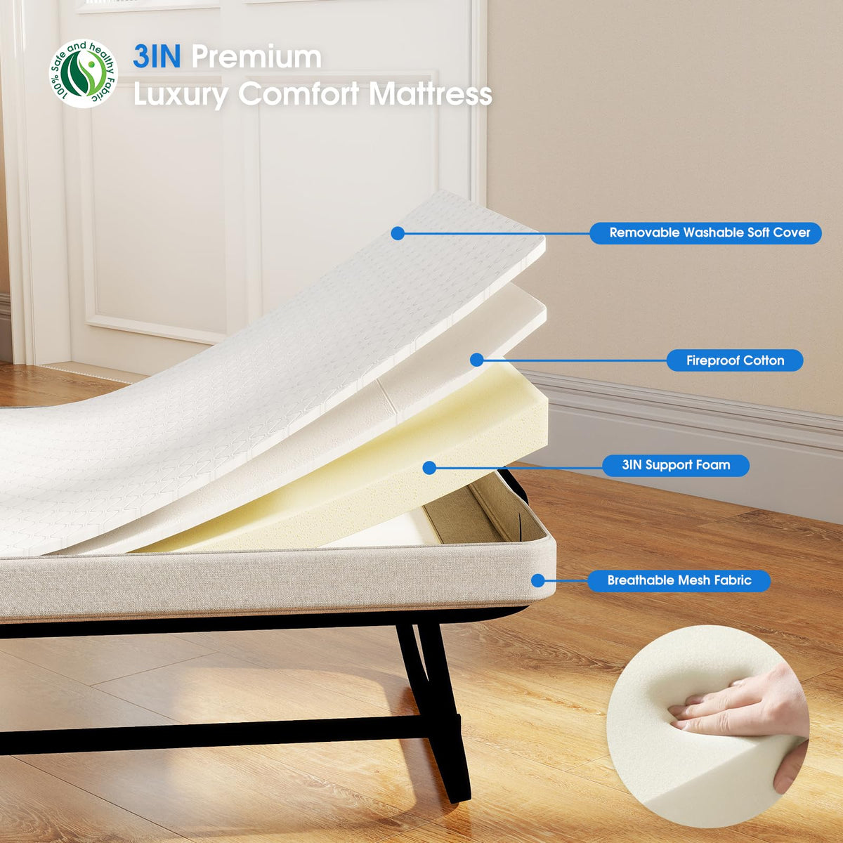 Folding Bed with Mattress, Memory Foam and Metal Frame, 75" x 31" N361