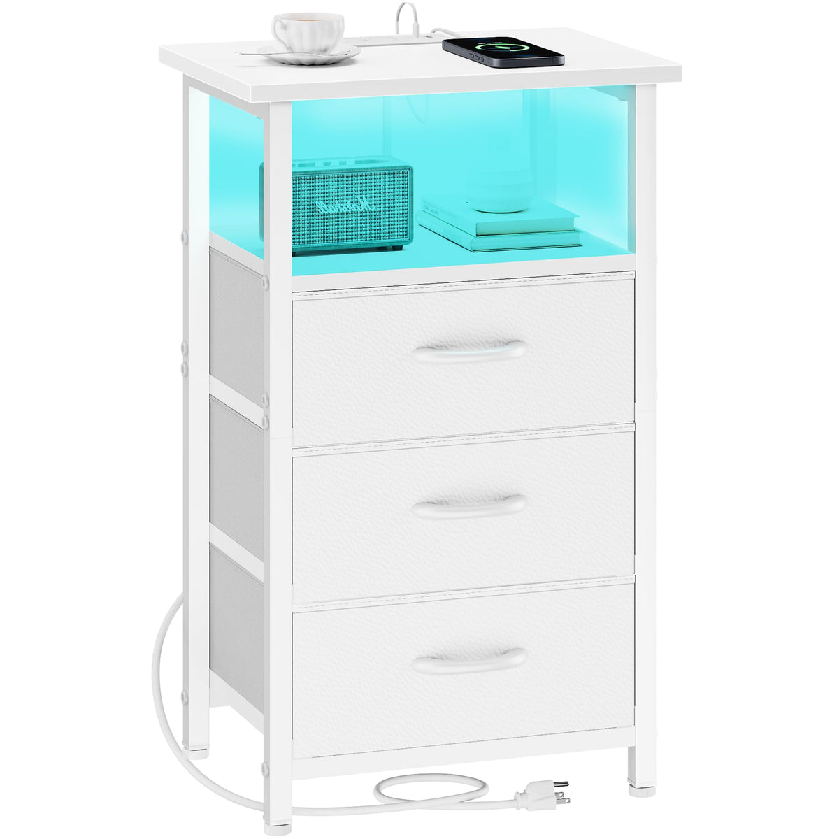 White Nightstand with Charging Station and 3 Fabric Drawers L38786