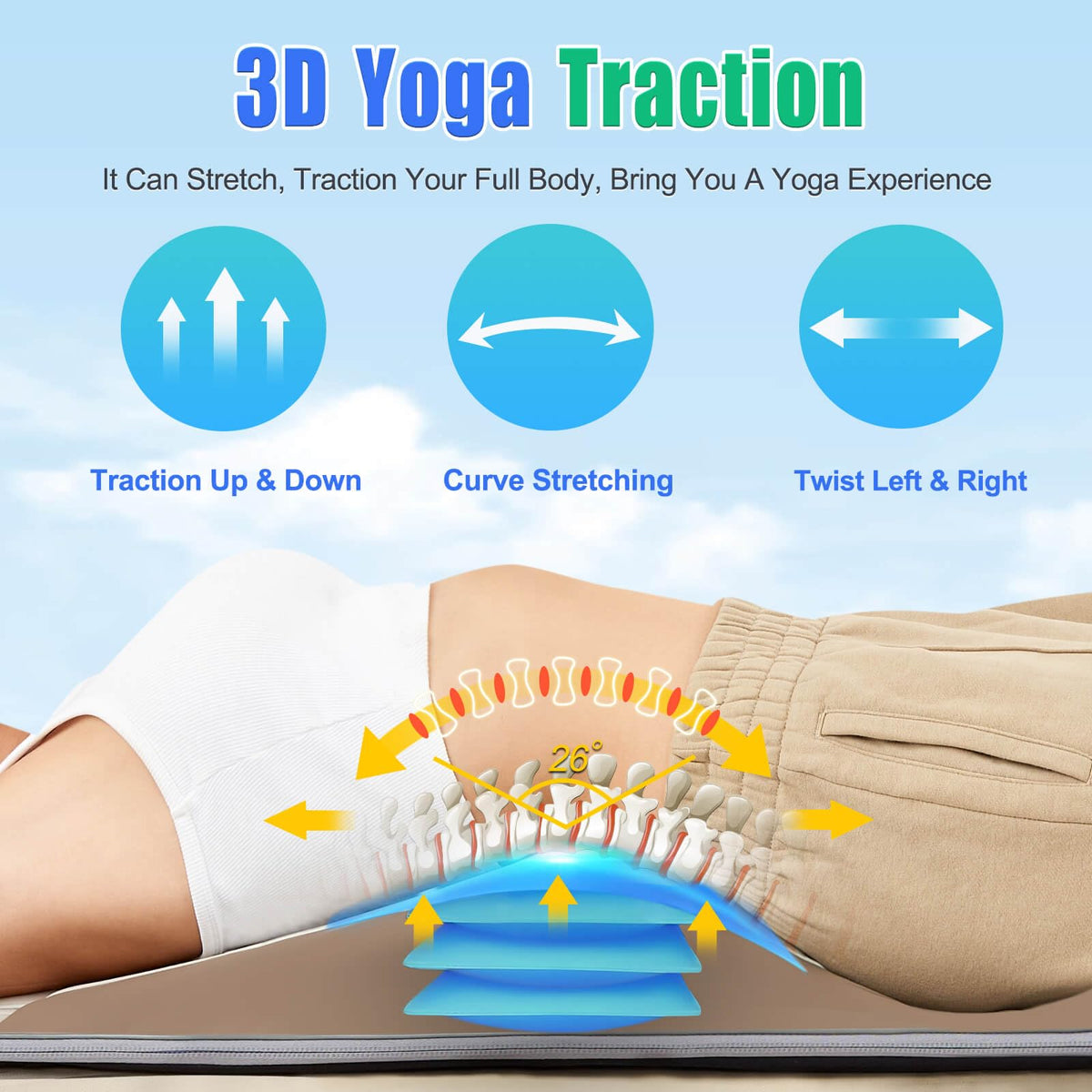 Full Body Massage Mat with Airbags Stretching & Heating, 3D Lumbar Traction, 4 Modes 3 Intensities 3 Heat Levels, PU Leather, Foldable A31259
