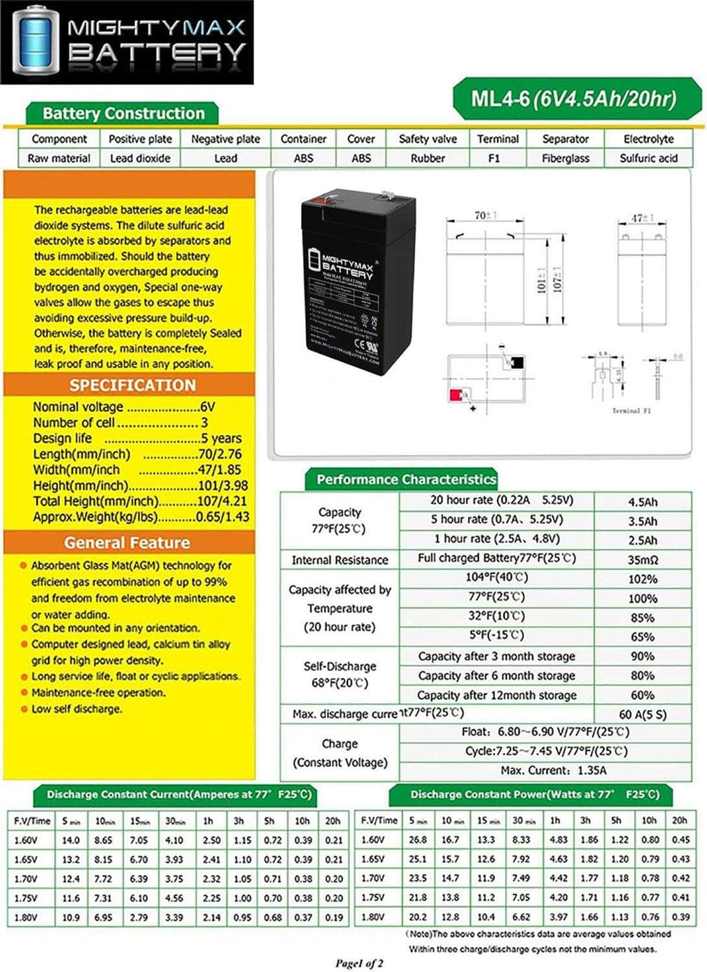 6V 4.5AH SLA Replacement Battery K926