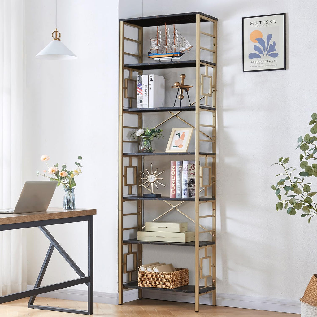 7-Tier Black Gold Metal Bookcase V552