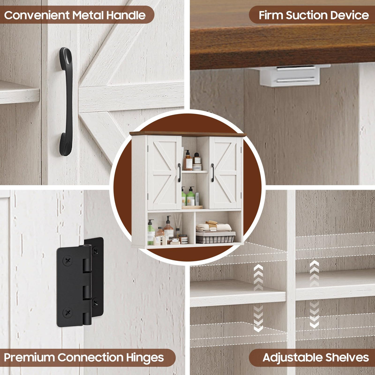 Rustic White Wooden Wall Cabinet with Adjustable Shelves V675
