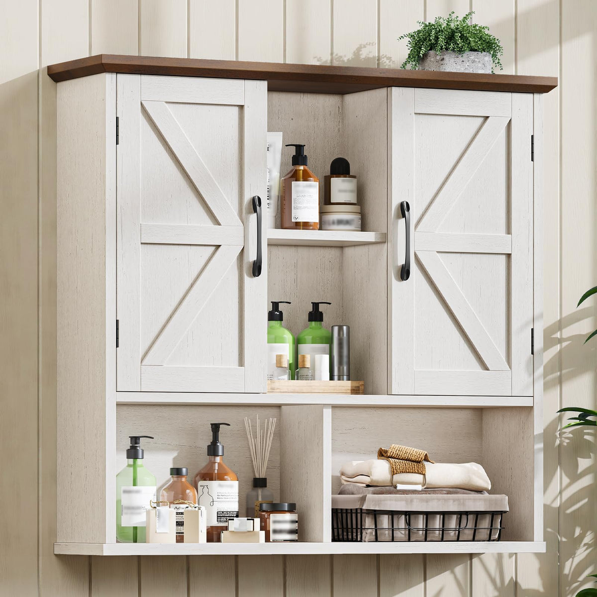 Rustic White Wooden Wall Cabinet with Adjustable Shelves V675