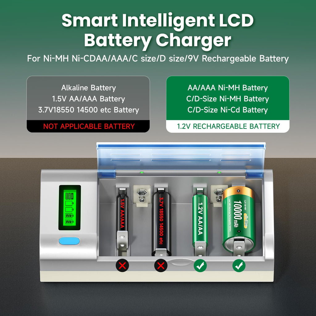 10000mAh Rechargeable D Batteries 6 Counts and Universal Battery Charger O80392