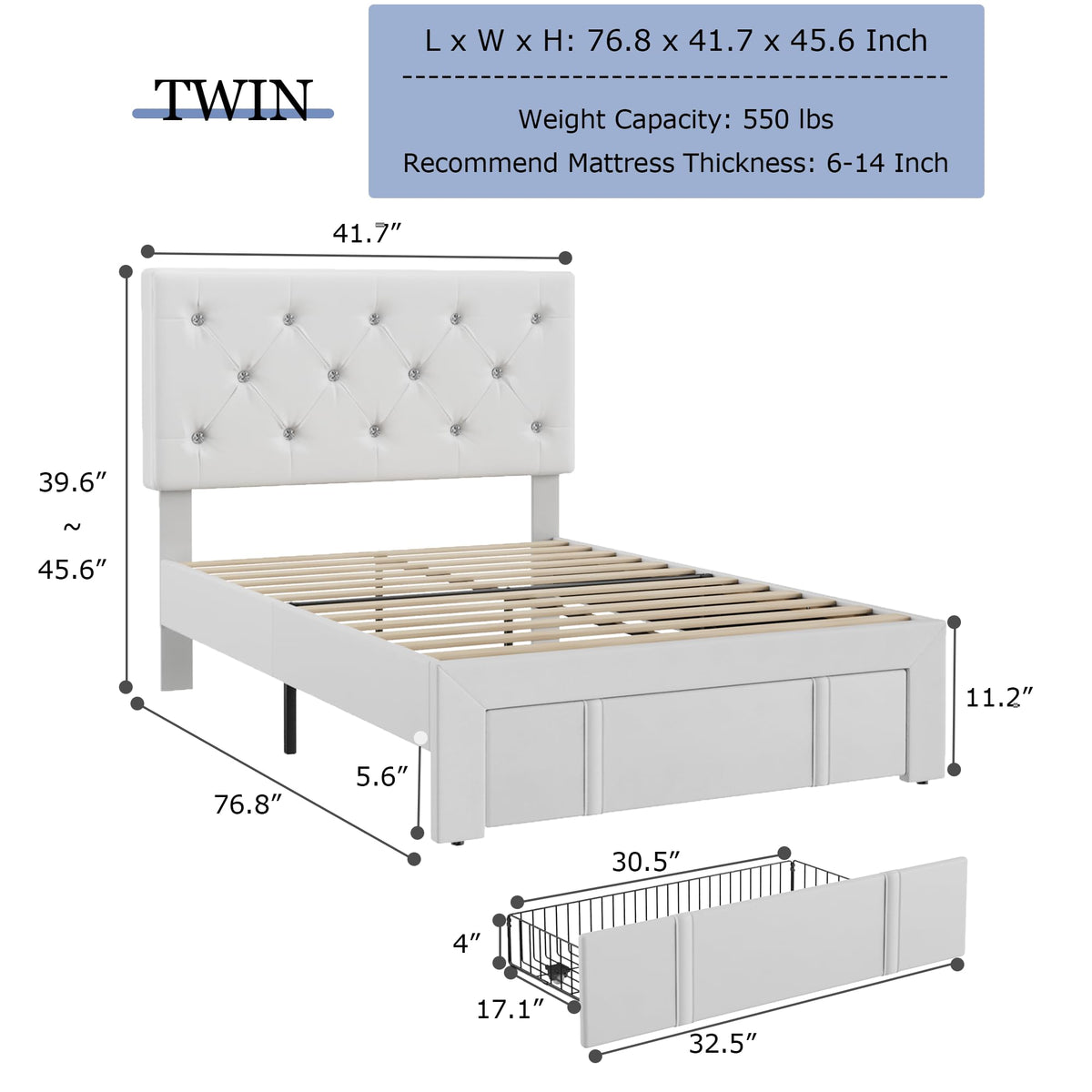 Twin Size Upholstered Bed Frame with Storage Drawers T948434