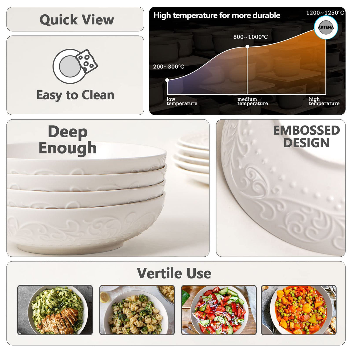 White Ceramic 32oz Pasta Bowls Set of 4 V2214