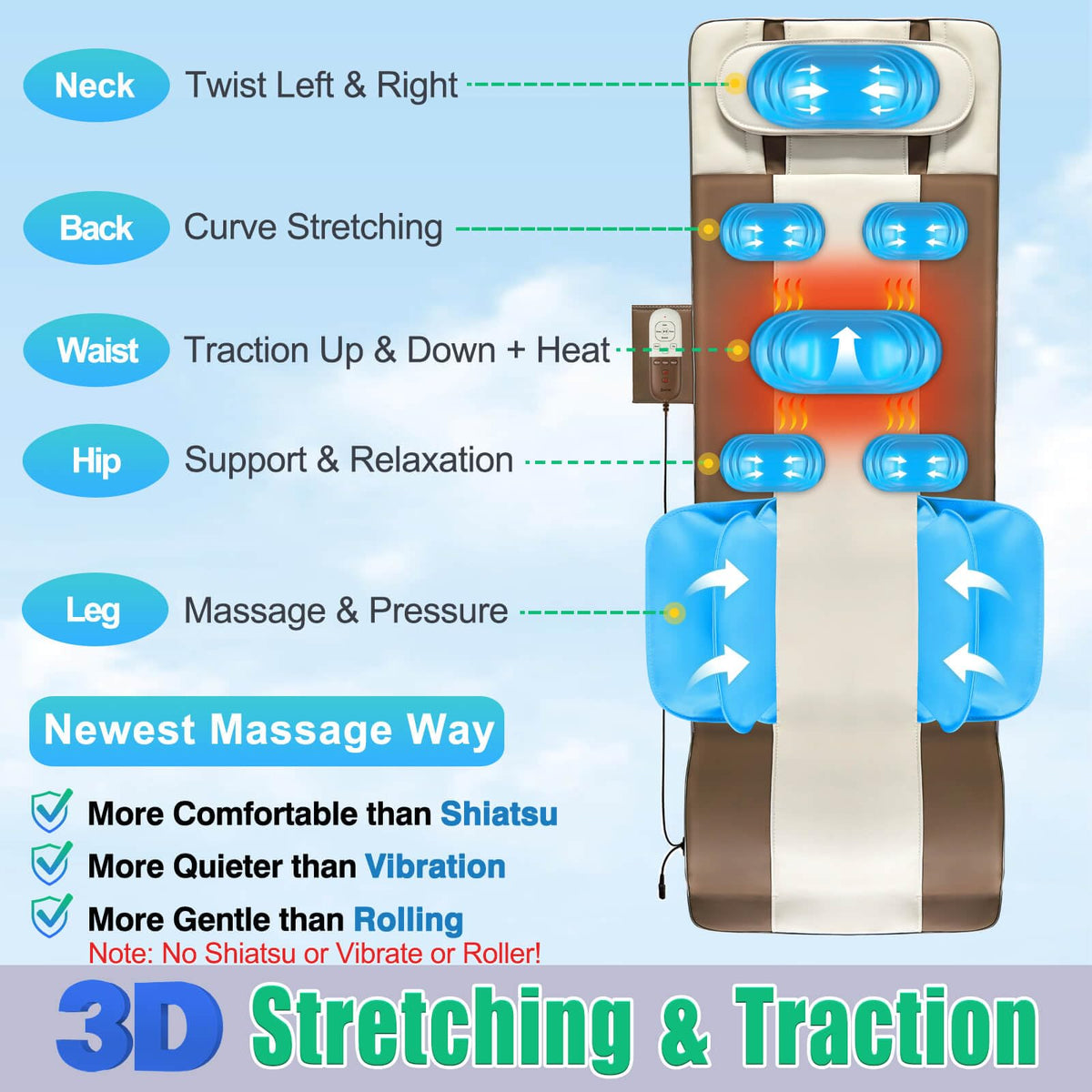 Full Body Massage Mat with Airbags Stretching & Heating, 3D Lumbar Traction, 4 Modes 3 Intensities 3 Heat Levels, PU Leather, Foldable A31259