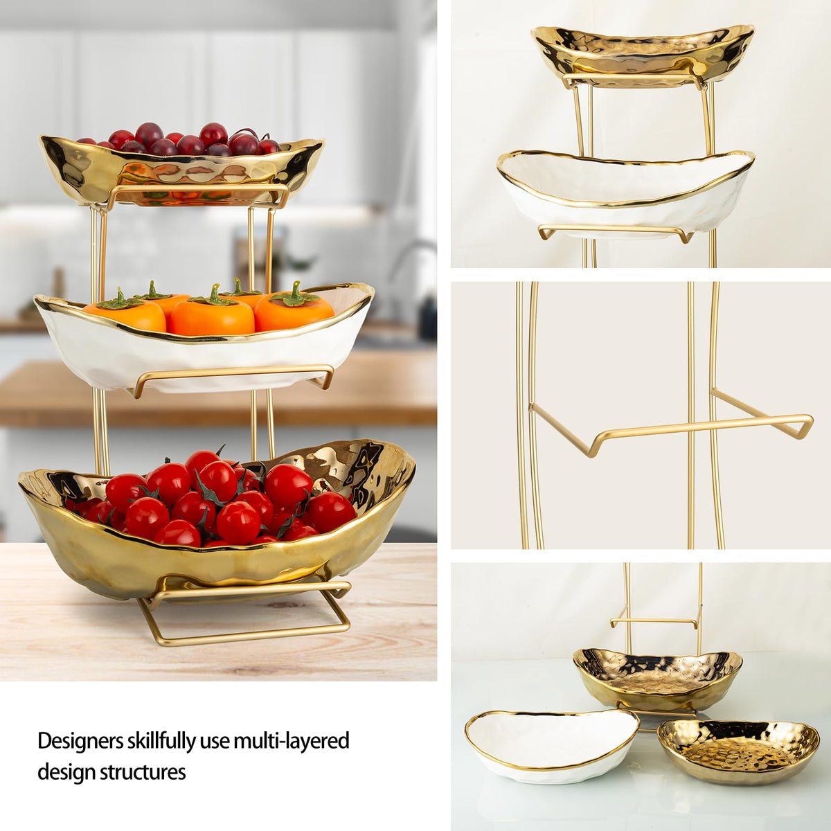 3 Tier White Gold Ceramic Fruit Bowl W85851