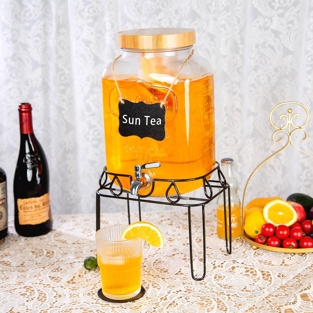 2 Gallon Glass Drink Dispenser with Stand and Bamboo Lid D1200