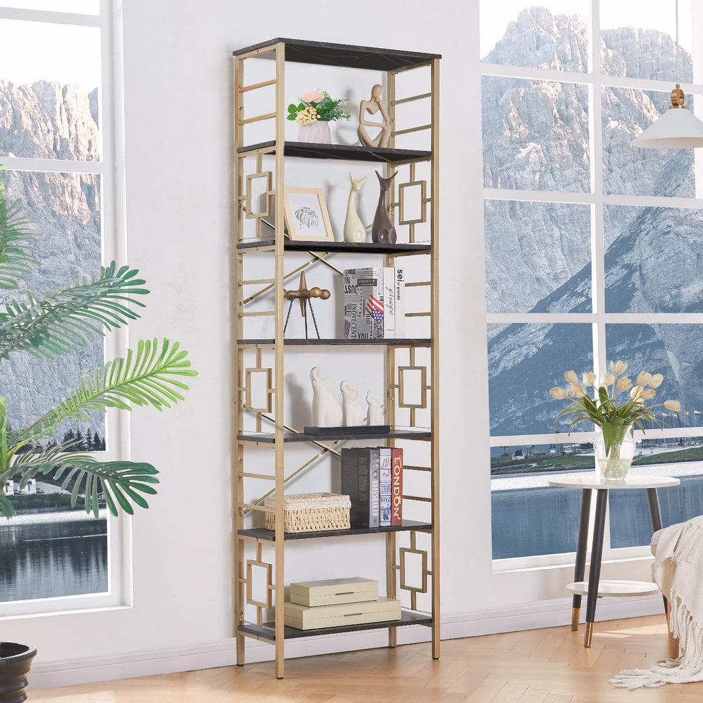 7-Tier Black Gold Metal Bookcase V552